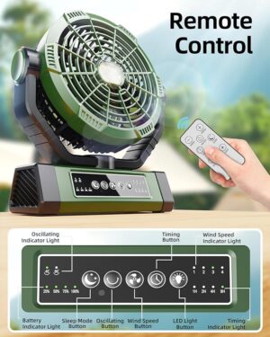 Korbot Camping Fan - 20000mAh 9-Inch Battery Operated Fan(60Hrs) - Portable Fan Rechargeable - USB Fan with Light & Remote for Indoor, Outdoor e.g. Travel, Fishing - Gifts for Men/Women/Boyfriend T5 - Image 4