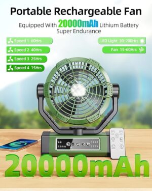Korbot Camping Fan - 20000mAh 9-Inch Battery Operated Fan(60Hrs) - Portable Fan Rechargeable - USB Fan with Light & Remote for Indoor, Outdoor e.g. Travel, Fishing - Gifts for Men/Women/Boyfriend T5 - Image 2