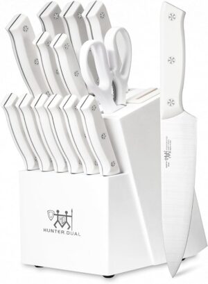 HUNTER.DUAL Knife Set, 15 Piece Kitchen Knife Set with Block Self Sharpening, Dishwasher Safe, Anti-slip Handle, White Q1