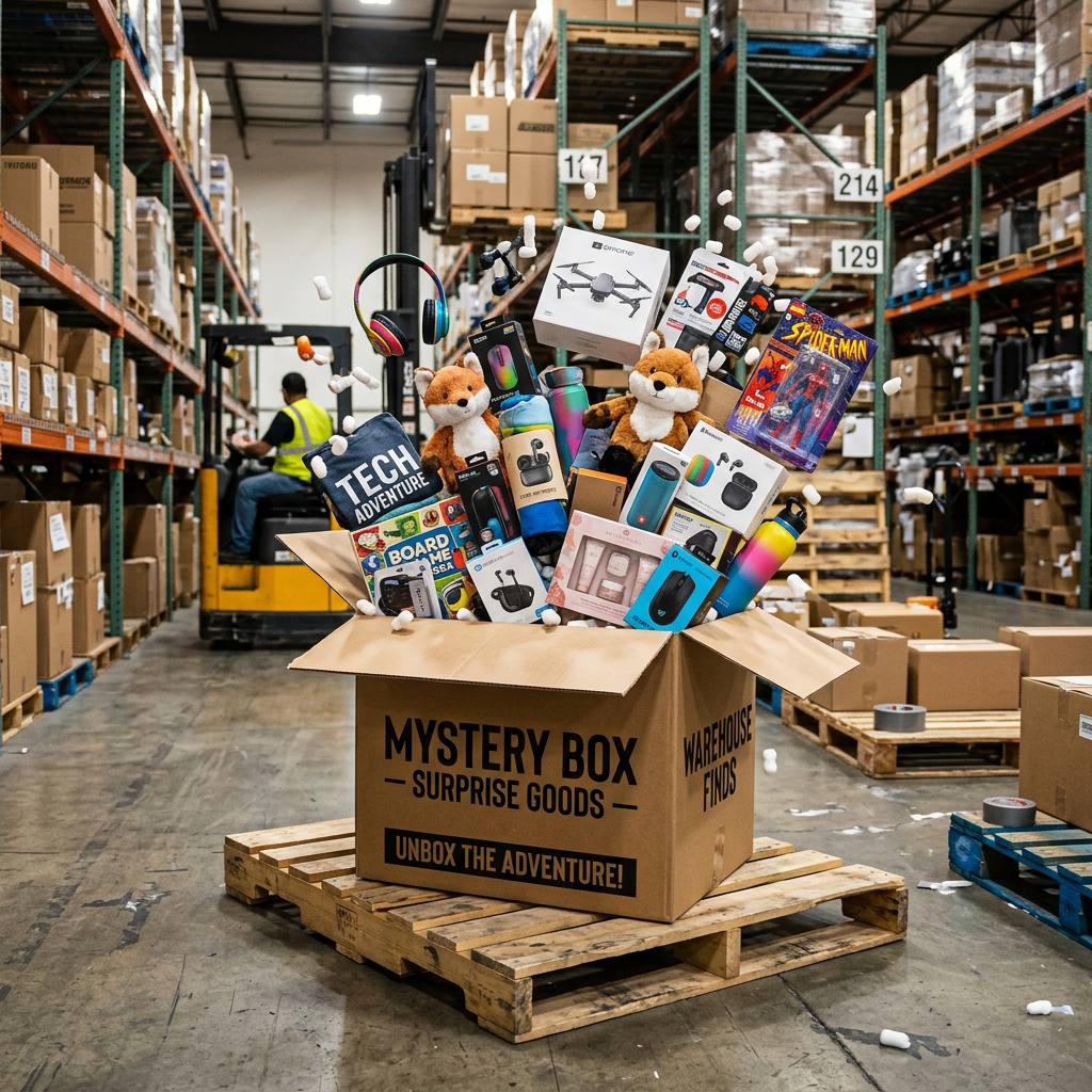 Open mystery box filled with toys, headphones, gadgets, and plush toys in warehouse